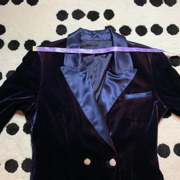 Vintage 90s Tuxedo 2 Pc Suit Set Navy Velvet Blazer Jacket Satin High Rise Pants - Picture 7 of 16